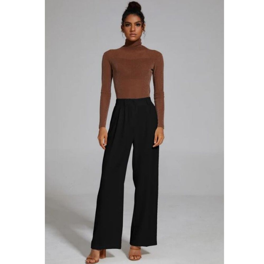 Funyyzo Women’s High-Waisted Wide Leg Tailored Trousers Black Size Medium